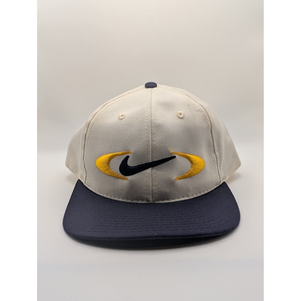 Nike Snapback Hat Mens OSFM Cream Blue Good Vintage 90s Made in USA Swoosh Cap